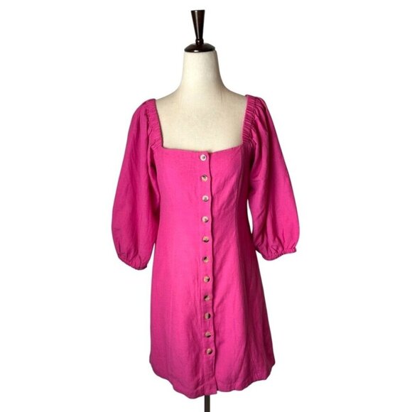 L* Space Dress Women Small Pink Linen Blend Square Neck Marina Button Front Mini - Picture 2 of 9